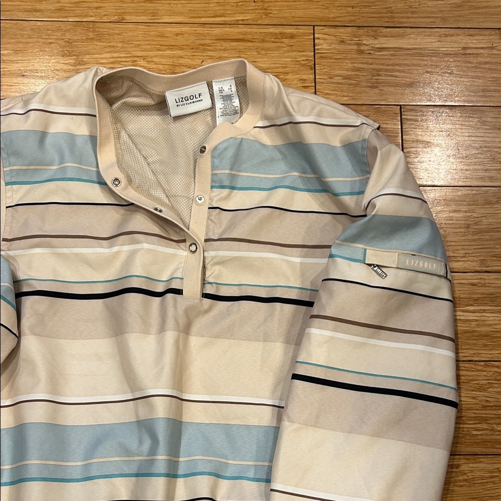 Liz Claiborne LizGolf Beige and Blue Striped Golf Jacket Women’s Small